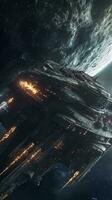 Cinematic Still, intense space battle between two massive battleships, starry sky, nebulae, galaxies, HDR futuristic space battleship destroyers traveling through an asteroid field, generate ai photo