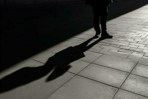 Dark shadow of a lonely person on the ground in the street. Stranger with a cigarette. Anxiety, depression, loneliness, fear concept, generate ai photo