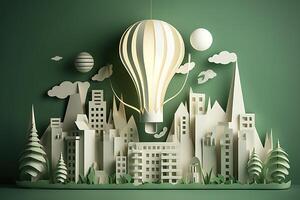 Paper cut of light bulb with green eco city , Renewable energy by 2050 Carbon neutral energy or greenhouse gas emission CO2 , Save energy creative idea concept , photo