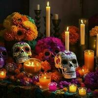 Dia de los Muertos skulls, flowers candles, carneval colorful, lot of flower in the background, generate ai photo