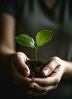 un niño participación un planta en su manos con un verde antecedentes y luz de sol brillante mediante el hojas en el planta, generar ai foto