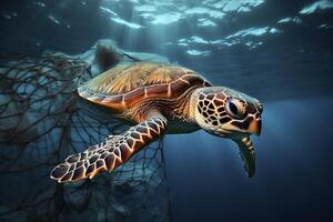 AI illustration of a turtle caught with fishing net. The concept of environmental protection. Sea, ocean turtle need to be freed from fishing nets. No to Dead turtles. photo