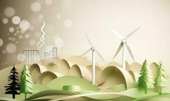 Paper art, renewable energy with green energy such as wind turbines, Renewable energy by 2050 Carbon neutral energy, Energy consumption, and CO2, Reduce CO2 emission concept, generate ai photo