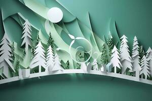 Paper art, renewable energy with green energy such as wind turbines, Renewable energy by 2050 Carbon neutral energy, Energy consumption, and CO2, Reduce CO2 emission concept, generate ai photo