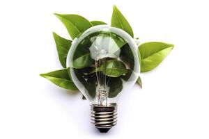 Eco-friendly lightbulb from fresh leaves top view, concept of Renewable Energy and Sustainable Living, created with technology photo