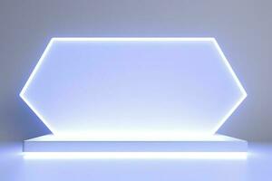 Realistic podium display with neon white lights, Product display background with light frame, White prodium product display with light effect, neon lights background, generate ai photo