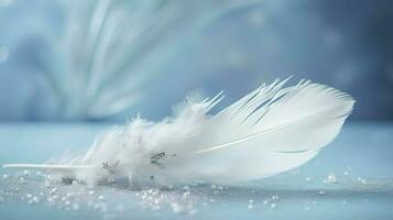 a bright blue background with one white feather, in the style of soft and dreamy pastels, glimmering light effects, nature inspired imagery, fairycore, soft focal points, generate ai photo
