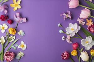 multicolored spring flowers on purple background , generate ai photo