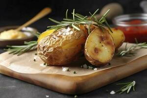 Tasty baked potato and aromatic rosemary served on wooden board, closeup, generate ai photo