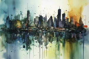 watercolor painting of a city skyline, featuring intricate architecture and reflections on water or glass surfaces, generate ai photo