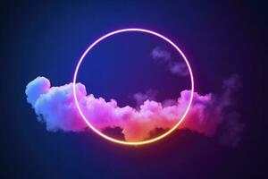 3d render, abstract cloud illuminated with neon light ring on dark night sky. Glowing geometric shape, round frame, generate ai photo