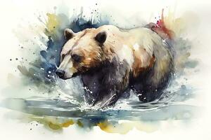 A bear fishing in a river watercolor painting, beautiful natural forms, crisp clean shapes, colorful, white background, generate ai photo