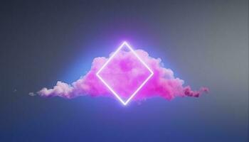 3d render, abstract minimal background with pink blue yellow neon light square frame with copy space, illuminated stormy clouds, glowing geometric shape, generate ai photo