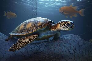 AI illustration of a turtle caught with fishing net. The concept of environmental protection. Sea, ocean turtle need to be freed from fishing nets. No to Dead turtles. photo