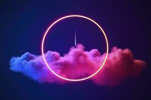 3d render, abstract cloud illuminated with neon light ring on dark night sky. Glowing geometric shape, round frame, generate ai photo