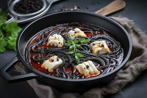 Traditional Italian spaghetti al nero di seppia with squid ink in tomato sauce served as close-up in a cast-iron pan on a wooden board, generate ai photo