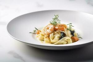 Traditional Italian tagliatelle ai gamberoni pasta with king prawns and herbs served as close-up on a design plate with copy space, generate ai photo