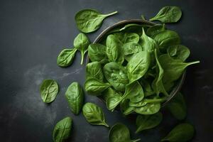 Fresh organic baby spinach leaves. Top view with copy space, generate ai photo