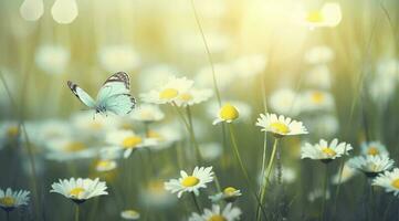 hermosa y vistoso mariposa revoloteando terminado el delicado bellamy flores margaritas en un soleado verano día, generar ai foto