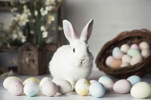 White rabbit with Easter eggs for Easter Day , photo