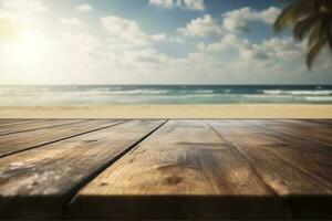 Empty wooden table on a beautiful blured tropical beach background. Summer holiday background for product display, generate ai photo