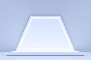 Realistic podium display with neon white lights, Product display background with light frame, White prodium product display with light effect, neon lights background, generate ai photo