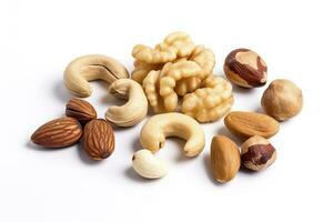 Cashew nuts, almond, hazelnut and blanched peanuts isolated on white background, generate ai photo