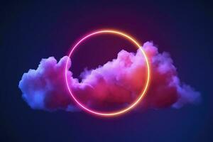 3d render, abstract cloud illuminated with neon light ring on dark night sky. Glowing geometric shape, round frame, generate ai photo