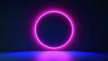 3d render, blue pink neon round frame, circle, ring shape, empty space, ultraviolet light, 80s retro style, fashion show stage, abstract background, generate ai photo