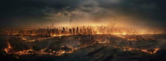 Post apocalypse. Nuclear apocalypse survivor. Ruined Cityscape. Concept. Banner size. Header, A nuclear explosion in the center of the metropolis. The beginning of apocalyptic, generate ai photo