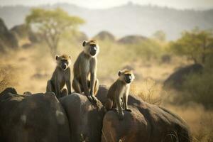 A family of baboons perched on a rocky outcropping in a savanna landscape, generate ai photo