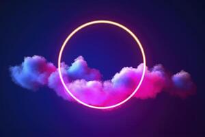 3d render, abstract cloud illuminated with neon light ring on dark night sky. Glowing geometric shape, round frame, generate ai photo