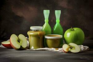 Sauces, apple and green measuring tape on grunge background. Diet concept, generate ai photo