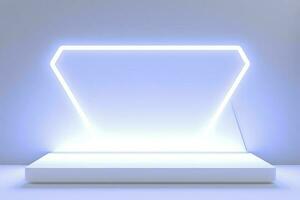 Realistic podium display with neon white lights, Product display background with light frame, White prodium product display with light effect, neon lights background, generate ai photo