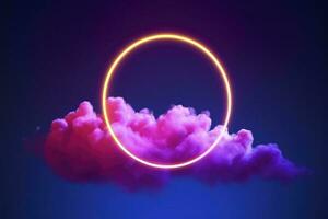 3d render, abstract cloud illuminated with neon light ring on dark night sky. Glowing geometric shape, round frame, generate ai photo
