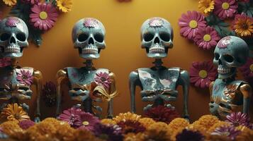 skeleton family, skulls, flowers, dusted, faded, mexican art, day of the dead, hyper detailed, intricate patterns, art deco, vibrant colors, unreal engine, generate ai photo