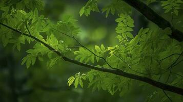 Earth Day and World Environment Day, Spring, Tropical tree leaves and branch with beautiful green forest background, generate ai photo