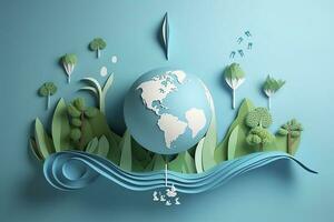 papel Arte , ecología y mundo agua día , ahorro agua y mundo ambiente día, ambiental proteccion y salvar tierra agua , generar ai foto