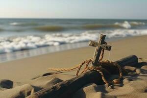 crucifixión de Jesús Cristo - cruzar a atardecer, generar ai foto