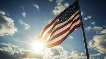 Backlit us national flag flying and waving in the wind over gray stormy cloudy sky, symbol of american patriotism, low angle, generate ai photo