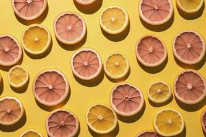 Uniform pattern of dried lemon slices with shadow on a pink background. Flat lay, generate ai photo