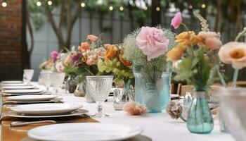 flor mesa decoraciones para Días festivos y Boda cena. mesa conjunto para día festivo, evento, fiesta o Boda recepción en al aire libre restaurante, generar ai foto