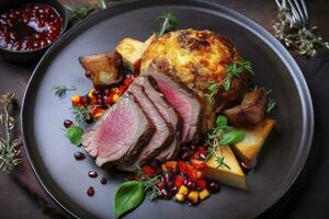 Traditional roasted Italian panettone tagliata di manzo with sliced beef steak and vegetables served close-up on a Nordic design plate, generate ai photo