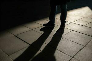 Dark shadow of a lonely person on the ground in the street. Stranger with a cigarette. Anxiety, depression, loneliness, fear concept, generate ai photo