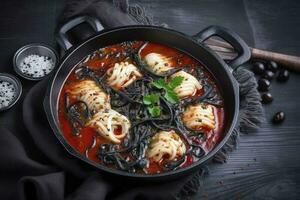 Traditional Italian spaghetti al nero di seppia with squid ink in tomato sauce served as close-up in a cast-iron pan on a wooden board, generate ai photo