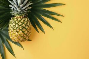 Beautiful pineapple on tropical palm monstera leaves isolated on bright pastel yellow background, top view, flat lay, overhead above summer fruit. , generate ai photo