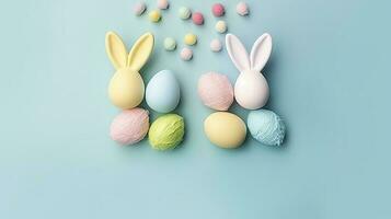 Easter party concept. Top view photo of easter bunny ears white pink blue and yellow eggs on isolated pastel blue background with copy space in the middle, generate ai