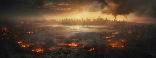 Post apocalypse. Nuclear apocalypse survivor. Ruined Cityscape. Concept. Banner size. Header, A nuclear explosion in the center of the metropolis. The beginning of apocalyptic, generate ai photo
