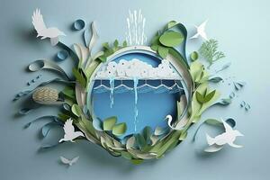 Paper art , Environmental protection and save earth water , Ecology and world water day , Saving water and world Environment day , Generate Ai photo