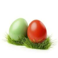 Easter eggs in green grass isolated on white background, generate ai photo